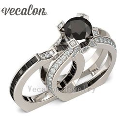 Vecalon Lovers Silver Jewellery Engagement ring Black Simulated diamond Cz 925 Sterling Silver wedding Band ring Set for women