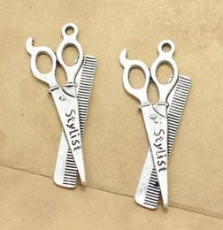 100pcs Silver Plated Scissors Combs Charms Pendants for Jewlery Making 52x23mm