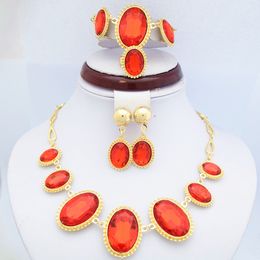 18K Yellow Gold Plated Ruby Stone Jewelry Sets Elegant Red Rhinestone Wedding Necklace, Bracelet, Earrings and Ring Jewelry Sets 720