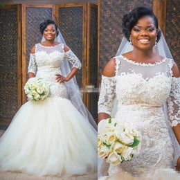 nigerian wedding dresses styles UK - New Design African Style Ivory Wedding Dresses 2017 Nigerian Lace Applique Plus Size Illusion Neck Half Long Sleeve Bridal Wedding Gowns