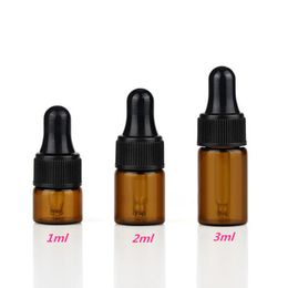 Wholesale Good Price 600pcs/Lot 1ml 2ml 3ml Amber Glass Dropper Bottles For Essential Oil Bottle With Black Caps