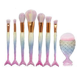 8PCS Mermaid Shape Makeup Brush Fish Scale Foundation Powder Eyeshadow Makeup Brushes Contour Blending Cosmetic Brushes