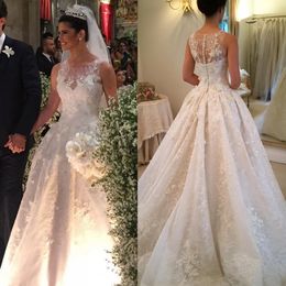 Beaded 3-D Floral Wedding Dresses Illusion Neckline Lace Bridal Gown Sweep Train A-Line White Wedding Gowns