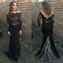 Black Mermaid Evening Dresses Long Sleeves Lace Backless Prom Dress Off Shoulder Dubai Arabic Formal Party Gowns Mother Dress