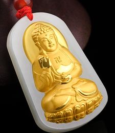 Gold inlaid jade amitabha Buddha (protector). Talisman necklace pendant.