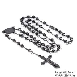 Fashion Black Round Bead Chain 316L Stainless Steel religious Crucifix Rosary Necklace Mens Cool Jewellery