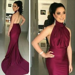 Sexy Backless Burgundy Prom Dresses 2016 High Neck Evening Gowns Mermaid Sweep Train vestido de formatura vestidos de festa Arab Dubai Dress