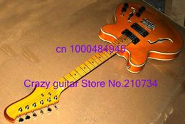 Custom Shop Honey Yellow Sunburst Flame Maple Top Hollow Body Jazz Electric Guitar Dual F Holes Yellow Fingerboard Dot Inlay