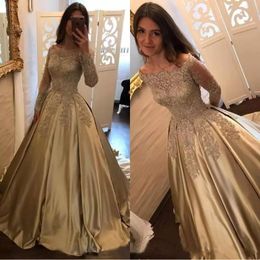 Champagne Lace Prom Dresses With Long Sleeves Sheer Bateau Neck Beads Evening Dress A Line Vestidos De Fiesta Sweep Train Satin Party Gowns