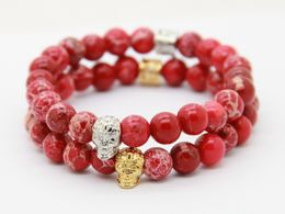 Wholesale 8mm Red Sea Sediment Imperial Stone Beads Real Gold Plated&Platinum Skull Bracelet, Exquisite party Gifts