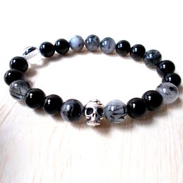 SN1124 New Design Black Onyx Bracelet Mens Skull Bracelet Black Tourmalinated Quartz Bracelet Healing Skull Jewelry