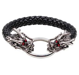 European Red Crystal Eye Dragon Charm Bracelet Weave Leather Bangle Cuff Bracelets Punk Jewellery for Men