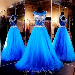 2016 Hot Bling Sexy Evening Dresses Wear Illusion Crystal Major Beading Royal Blue Long Hollow Open Back Formal Vestidos Prom Party Gowns