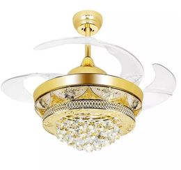 Modern Luxury LED Crystal Ceiling Fans Light Gold for Living Room Bedroom 42 Inch Invisible Blades Ceiling Fan Lamp Chandeliers Lighting MYY