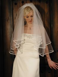 Fingertip length wedding veil two layer bridal veil Ribbon Edge White Ivory Champagne With comb 199a