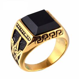 High Quality 316L Stainless Steel Ring 18k Gold Men's Mason Freemasonry Masonic Jewelry With Black Agate Onyx Big Stone Wholesale