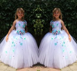 White Tulle Ball Gown Lovely Flower Girls Spaghetti Tiered Ruffle Floor-Length Custom Made Pageant Dresses Back Zipper Cute Girl Party Gowns