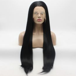 Iwona Hair Straight Extra Long Black Wig 22#1 Half Hand Tied Heat Resistant Synthetic Lace Front Wigs