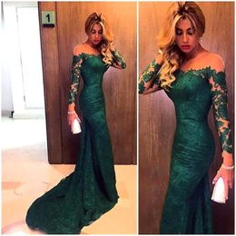 New Arrival Elegant Green Lace 2016 Mermaid Long Sleeve Prom Dresses Sexy Sheer Emerald Formal Evening Gowns Party Dresses vestido de festa