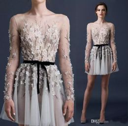 Paolo Sebastian 2017 섹시한 칵테일 드레스 긴 소매 3D-Floral Appliques 라인 파티 가운 바투 넥 페르시 환상 Bodice 댄스 파티 드레스