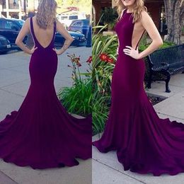 Sexy Mermaid Backless Evening Dresses Grape Purple Bateau Neckline Sleeveless Cut Away Open Back Prom Party Gowns with Train Custom Made