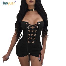 HAOYUAN Strapless Lace Up Bandage Sexy Playsuit Summer Rivet Hollow Out Bodycon Bodysuit Club Wear Black Rompers Womens Jumpsuit q1110