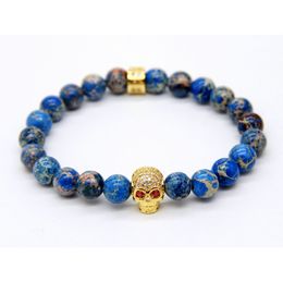 Hot Sale 1PCS Retail Mens Jewellery 8mm Natural Stone Beads with Micro Inlay Zircon Skull Bracelets