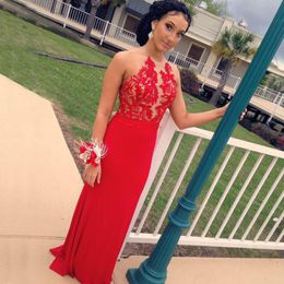 prom dressess Canada - Red Prom Dressess Cheap Sheath Sexy Prom Dress Evening Party Gowns Halter Neck Sleeveless Lace Appliques Sheer Top