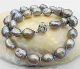 LARGE12-14MM SILVER GRAY REAL BAROQUE CULTURED PEARL NECKLACE 18KGP CRYSTAL AA0R