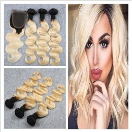 1B/613 Russian Blonde Ombre Hair With Closure 4Pcs Lot Dark Roots Two Tone Ombre Russian Hair Bundles With Body Wave Lace Closure