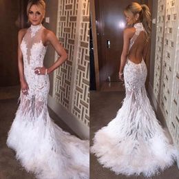 Sexy White Feather Prom Dress High Neck Halter Illusion See Through Lace Appliques Backless Evening Party Gowns Stunning Formal Gown