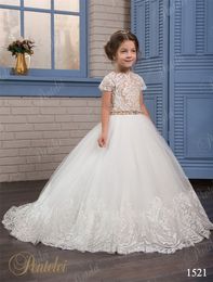 Wedding Dresses for Flower Girls 2021 Pentelei Cheap with Short Sleeves and Pearls Beaded Belt Appliques Tulle Princess Girls Prom Gowns