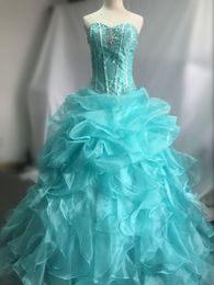 2021 New Ball Gown Quinceanera Dresses with Organza Sequins Beaded Lace Up Sweet 16 Quinceanera Party Gowns Stock Size:2-16