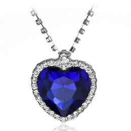 Fashion 18K White Gold Plated Blue Austrian Crystal Love Heart Necklace for Women Sapphire Diamond Necklace Wedding Jewellery Wholesale