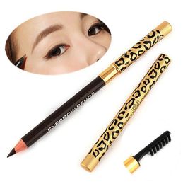 Newest Women Lady Double-use Waterproof Brown Black Leopard Cosmetic Makeup Eyebrow Pencil Pen With Brush Make Up Tool