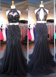 Black Two Piece Mermaid Prom Dress 2023 Lace Applique Sheer High Neckline Beaded Tulle Backless Sexy Formal Dresses Evening Wear Real Photo