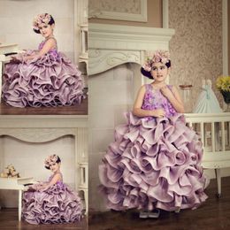 Light Purple Charming Baby Communion Dresses 2017 Tiered Ruffles Ball Gown Flower Girl Dresses For Wedding Handmade Flowers Pageant Dresses