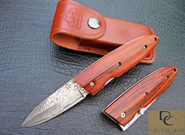 Hand made DK032 Classic Furuta DAMASCUS folding knife DAMASCUS Blade Color wood handle High quality with leather sheath