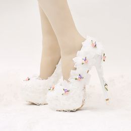 Design Fashion White Chiffon FLower Bridal Shoes Beautiful Applique Bride Wedding Party Shoes Birthday Prom High Heel Pumps