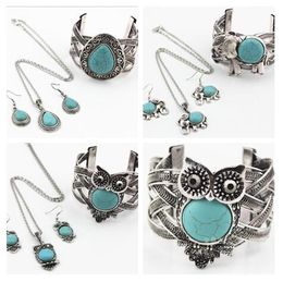 2017 new fashion woman mix 3 styles Alloy Turquoise Elephant water Drops Owl Bracelet Necklace Earrings jewelry set