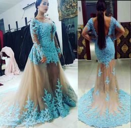 Saudi Arabic Champagne Prom Dresses With Blue Lace Appliques See Through Mermaid With Tulle Overskirt Backless Long Sleeves Evening Gowns