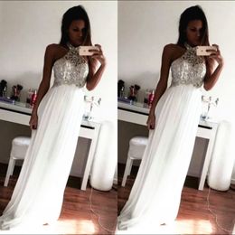 Prom Dress Long Crystals Beaded Top Illusion Halter High Neck Sleeveless White Chiffon Custom Made Evening Party Wear Formal Gowns