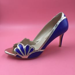 Royal Blue Wedding Shoes With Gold Shell Edge Peep Toe Med Heel Pump Bridal Pump Shoes Slip-on Bridal Accessories Real Photo Size 14