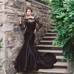 Vintage 2016 Black Lace And Taffeta Mermaid Wedding Dresses Gothic Bateau Illusion Long Sleeves Beaded Long Bridal Gowns Custom Made EN92311