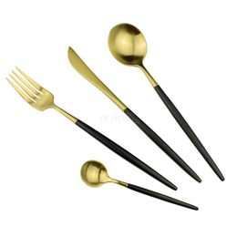 JANKNG 4 Pcs/Lot 18/10 304 Black Handle Golden Flatware Set Stainless Steel Cutlery Set Matte Spoon Fork Knife Dinnerware Set
