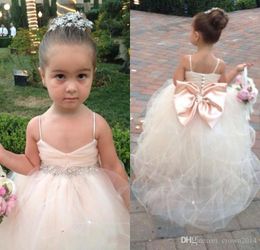 2022 Pageant Dresses For Girls With Bow Spaghetti Straps Flower Girl Dresses White Ivory Champagne Kids Ball Gowns Wedding Sash Beading Belt