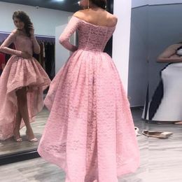 Newest 2019 Sexy Hi Low Prom Dresses Blush Pink Black Vintage Lace Party Gowns Off the Shoulder Long Sleeves Evening Formal Wear