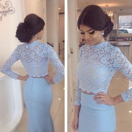 formal crop top dresses prom UK - Stunning Fashion Two Pieces Prom Dresses Illusion High Neck Lace Crop Top Long Sleeves Mermaid Long Formal Evening Party Gowns