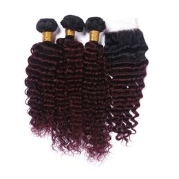 Peruvian Burgundy Ombre Human Hair Weaves With Lace Closure 4x4 Deep Wave 1B/99J Dark Root Wine Red Ombre Hair 3Bundles With Closure