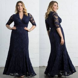 Dark Navy Plus Size Lace Formal Dresses With Long Sleeves V-Neck Ankle Length Evening Gowns Cheap Mermaid Prom Dress